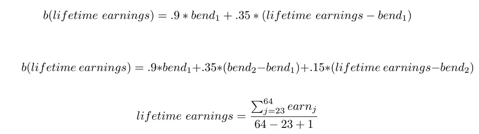 b(lifetime earnings) = .9 * bendı +.35 * (lifetime earnings – bendı) b(lifetime earnings) = .9*bendı+.35*(benda-bendi)+.15*(l