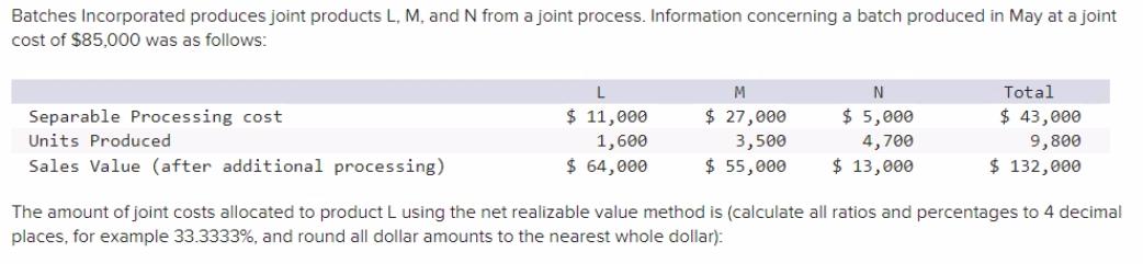 Batches Incorporated produces joint products L, M, and N from a joint process. Information concerning a batch produced in May