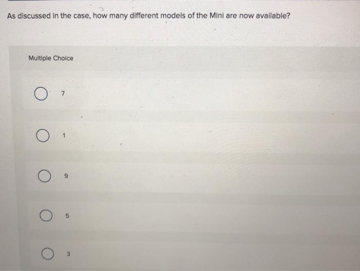 As discussed in the case, how many different models of the Mini are now available? Multiple Choice 5