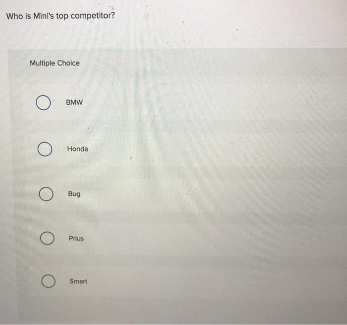 Who is Minis top competitor? Multiple Choice BMW Honda Bug Prius Smart