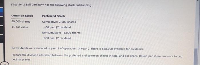 Situation 2 Bell Company has the following stock outstanding:Common Stock60,000 shares$1 par valuePreferred StockCumulat