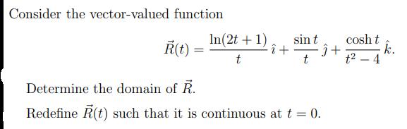 Consider the vector-valued function In(2t + 1) sin t R(t): + t