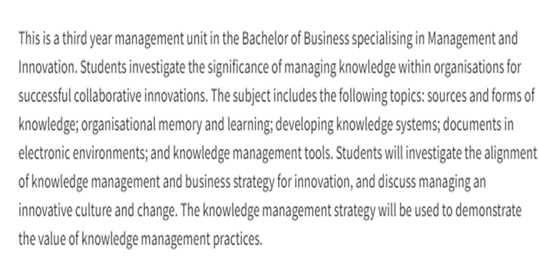 This is a third year management unit in the Bachelor of Business
