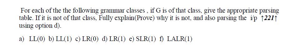 For each of the the following grammar classes , if G is of that class, give the appropriate parsing table. If it is not of th