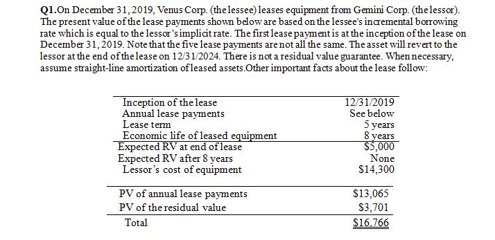 Q1.On December 31, 2019, Venus Corp. (the lessee) leases equipment from Gemini Corp. (the lessor). The