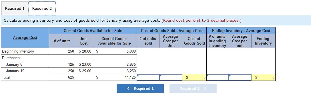 Required 1 Required 2 Calculate ending inventory and cost of goods sold for January using average cost. (Round cost per unit