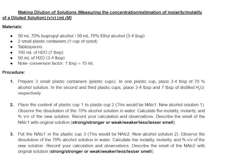 Making Dilution of Solutions (Measuring the concentration/estimation of molarity/molality of a Diluted