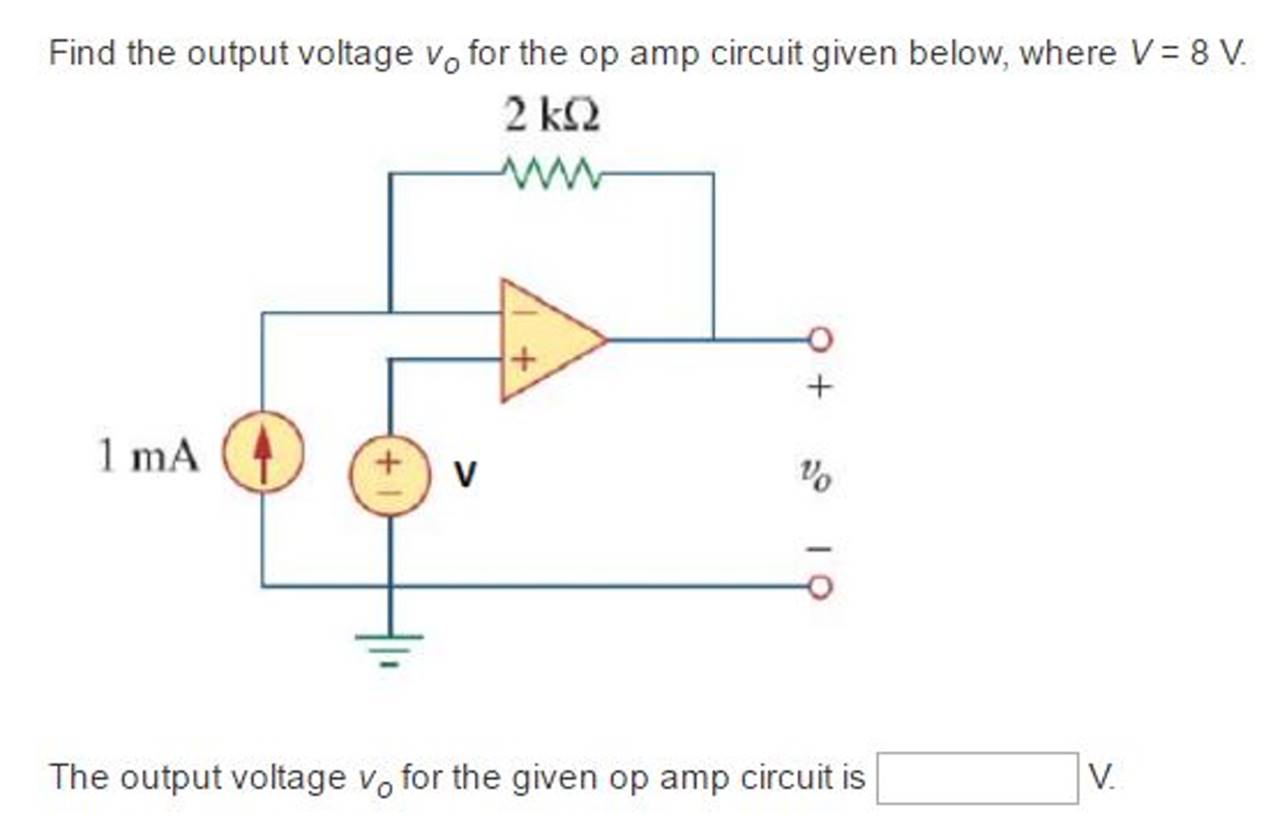 Find the output voltage vo for the op amp circuit given below, where V- 8 V 1 mA +V The output voltage vo for the given op amp circuit is V.