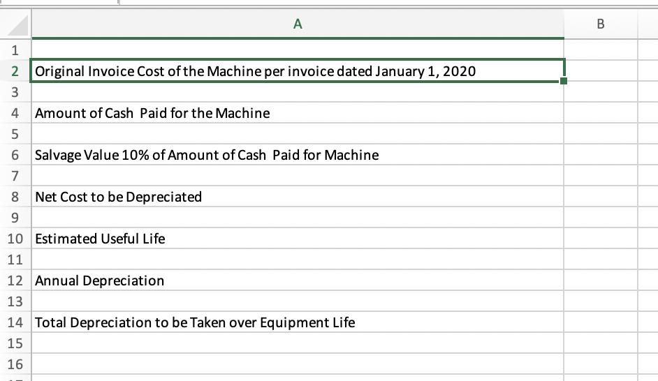 A B ул 1 2 Original Invoice Cost of the Machine per invoice dated January 1, 2020 3 4 Amount of Cash Paid for the Machine 5 S