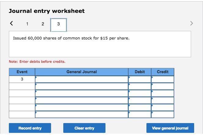 Journal entry worksheet 2Issued 60,000 shares of common stock for $15 per share. Note: Enter debits before credits. Event General Journal Debit Credit Record entry Clear entry View general journal