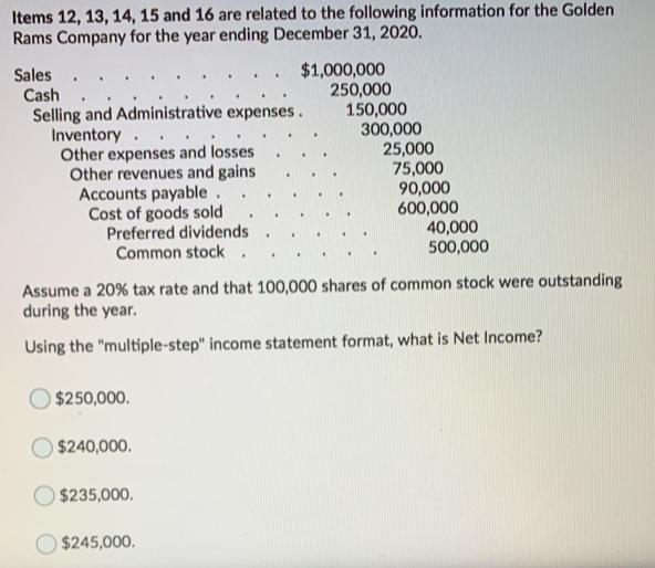 Question 16 (3 points)Items 12, 13, 14, 15 and 16 are related to the following information for the GoldenRams Company for t