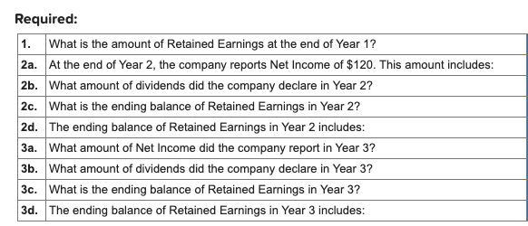 Required:1. What is the amount of Retained Earnings at the end of Year 1?2a. At the end of Year 2, the company reports Net