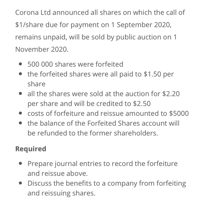 Corona Ltd announced all shares on which the call of$17share due for payment on 1 September 2020,remains unpaid, will be so