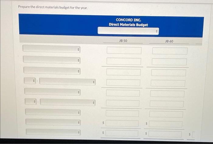 Prepare the direct materials budget for the year, CONCORD INC. Direct Materials Budget JB 50 JB 60 $ $ S S