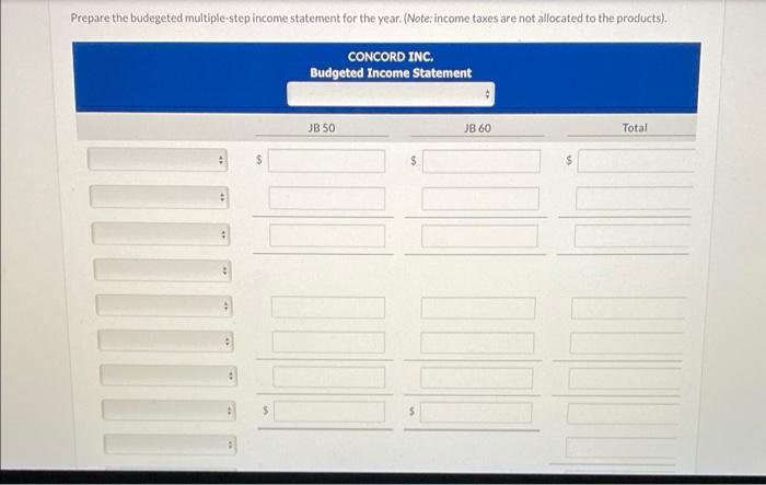 Prepare the budegeted multiple-step income statement for the year. (Note: income taxes are not allocated to the products) CON