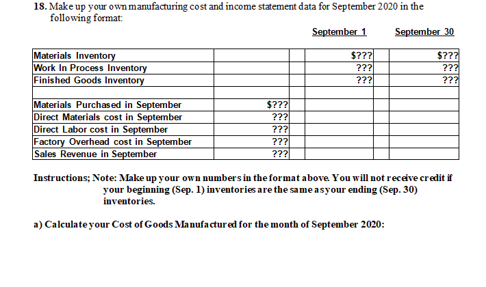18. Make up your own manufacturing cost and income statement data for September 2020 in thefollowing format:September 1 Sep
