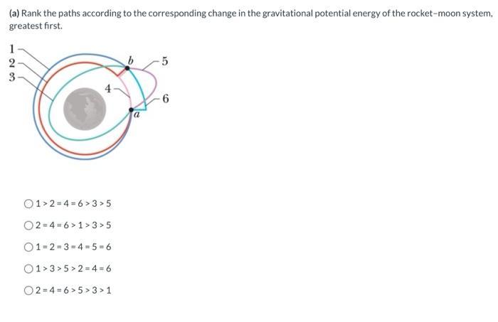 (a) Rank the paths according to the corresponding change in the gravitational potential energy of the rocket-moon system, gre