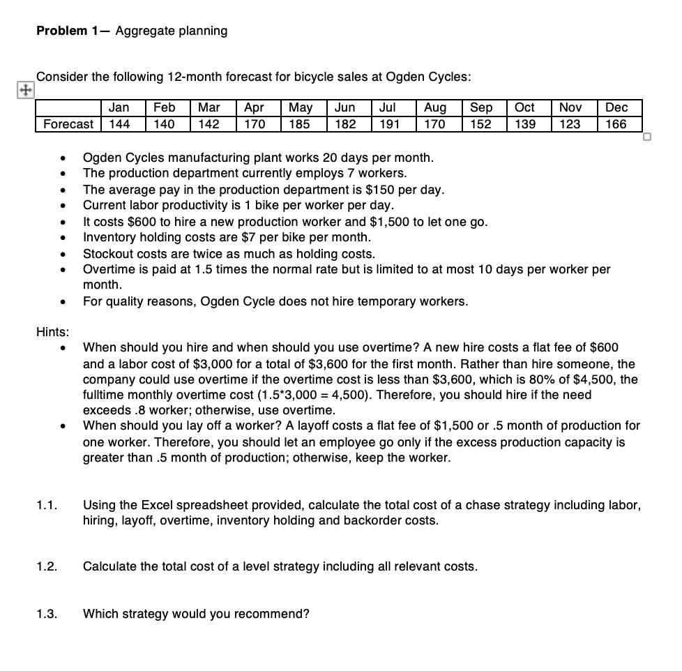 Problem 1- Aggregate planningConsider the following 12-month forecast for bicycle sales at Ogden Cycles:Jan144Feb140Mar