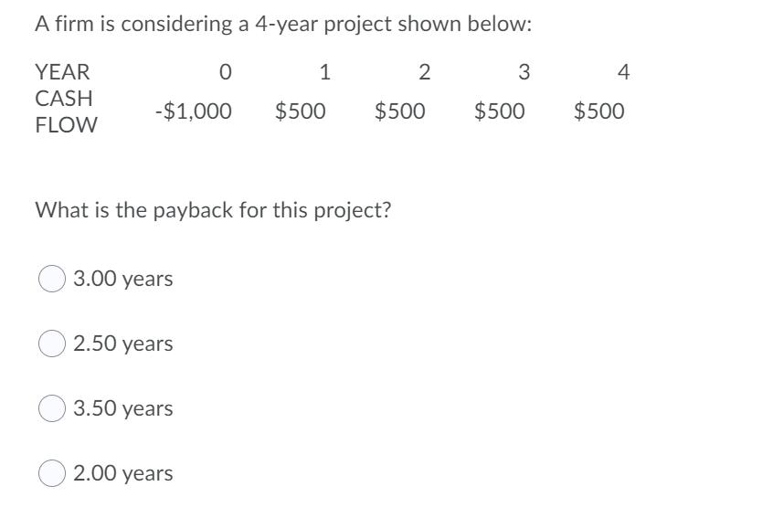 A firm is considering a 4-year project shown below: YEAR 0 1