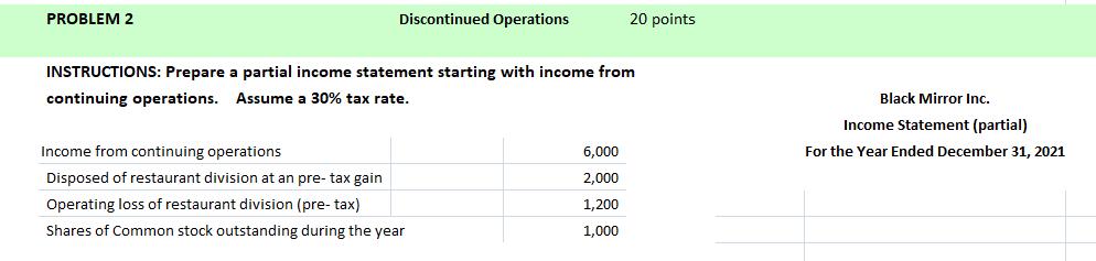 PROBLEM 2 Discontinued Operations INSTRUCTIONS: Prepare a partial income statement starting with income from