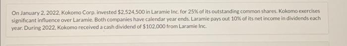 On January 2, 2022 Kokomo Corp. invested $2,524,500 in Laramie Inc. for 25% of its outstanding common shares. Kokomo exercise