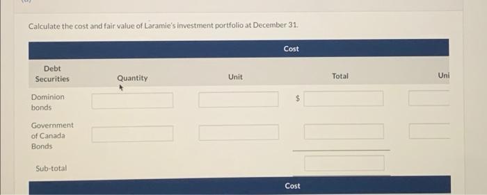 Calculate the cost and fair value of Laramies investment portfolio at December 31CostQuantityUnitTotalUni$DebtSecuri
