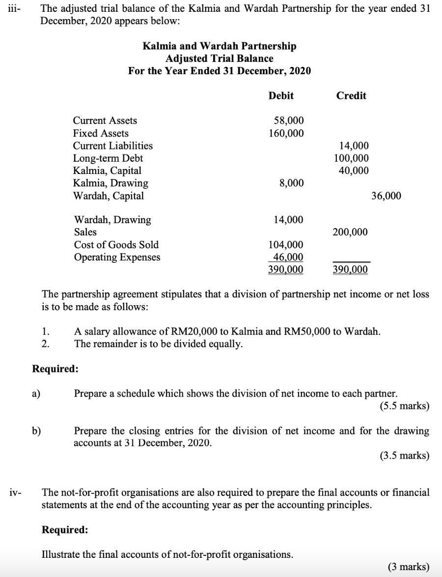 iii- The adjusted trial balance of the Kalmia and Wardah Partnership for