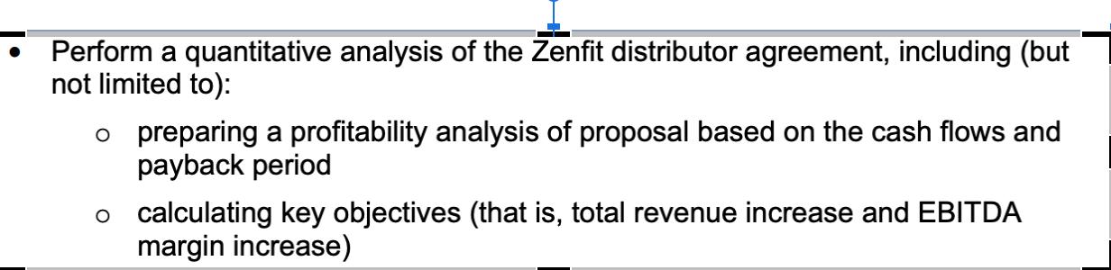 ▬▬▬▬▬ Perform a quantitative analysis of the Zenfit distributor agreement, including (but not limited to): o preparing a prof