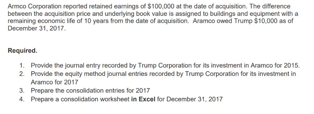 Armco Corporation reported retained earnings of $100,000 at the date of acquisition. The difference between the acquisition p
