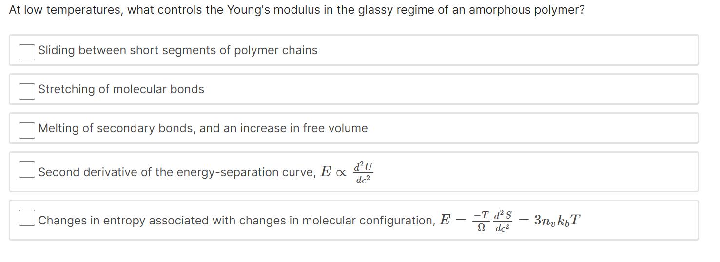 At low temperatures, what controls the Youngs modulus in the glassy regime of an amorphous polymer? Sliding between short se