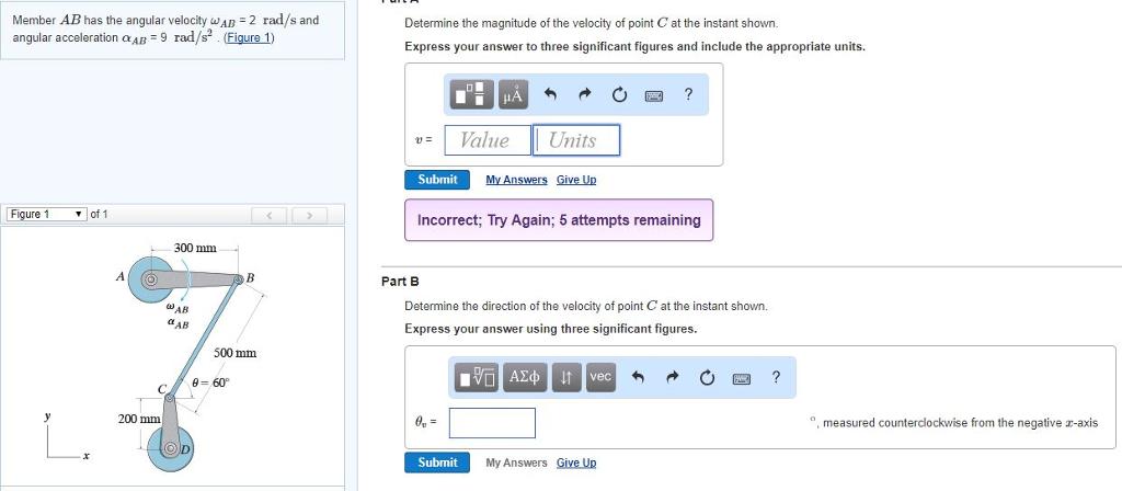 Member AB has the angular velocity wAB = 2 rad/s and angular