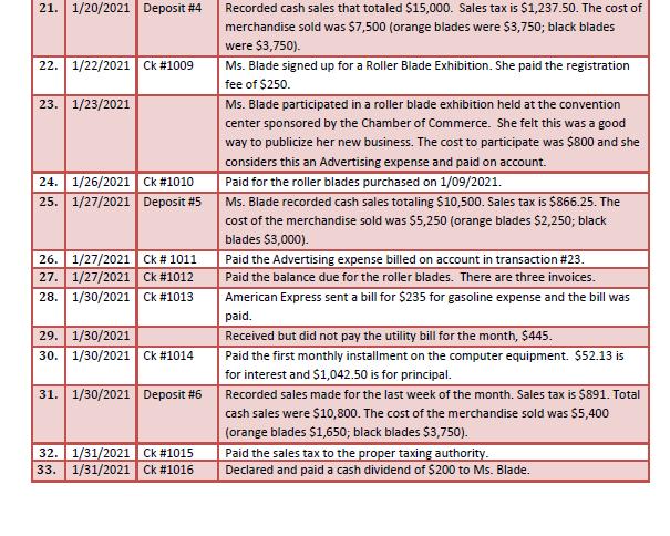 21. 1/20/2021 Deposit #4 22. 1/22/2021 Ck #1009 23. 1/23/2021 24. 1/26/2021 Ck #1010 25. 1/27/2021 Deposit #5