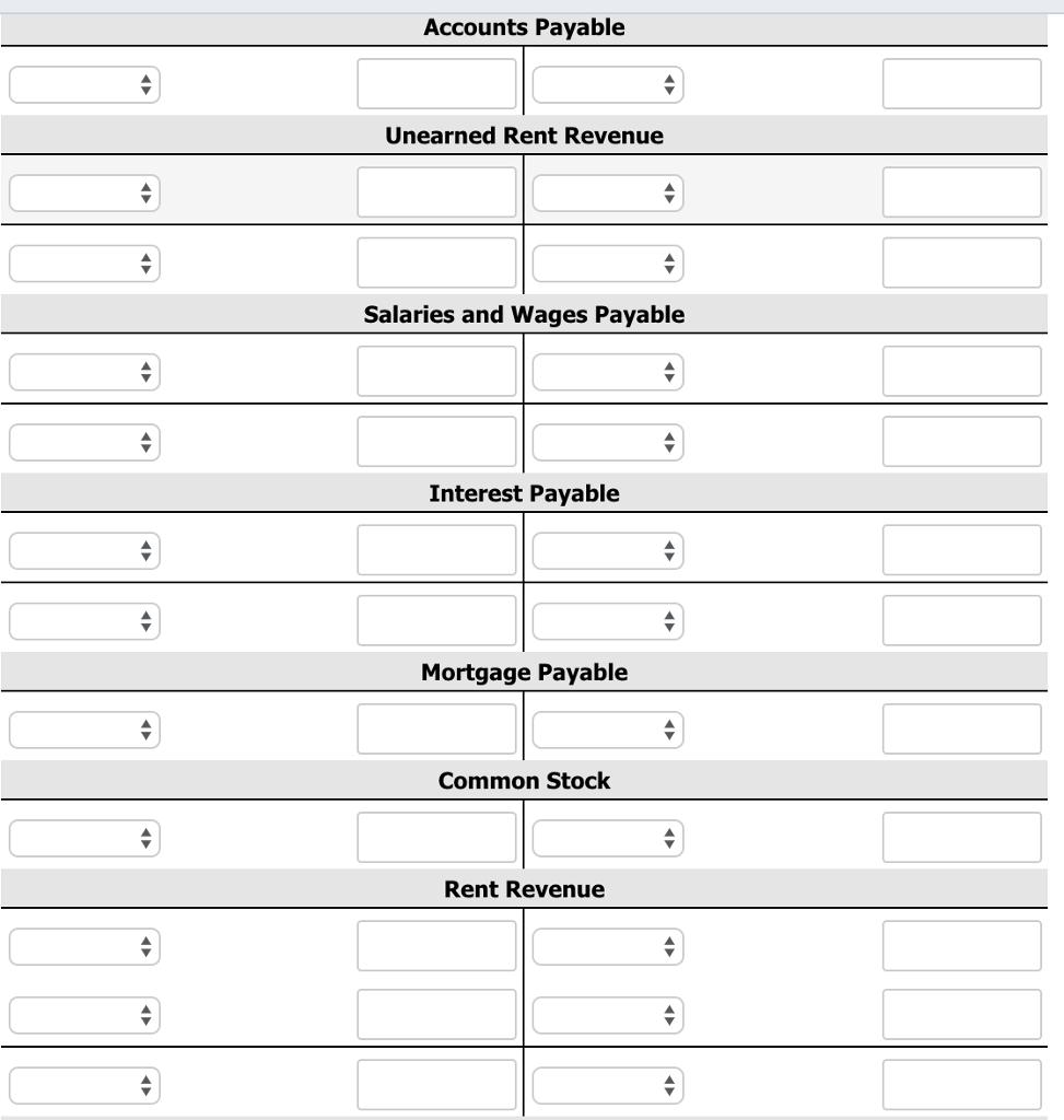 Accounts Payable Unearned Rent Revenue Salaries and Wages Payable Interest Payable Mortgage Payable Common Stock Rent Revenue