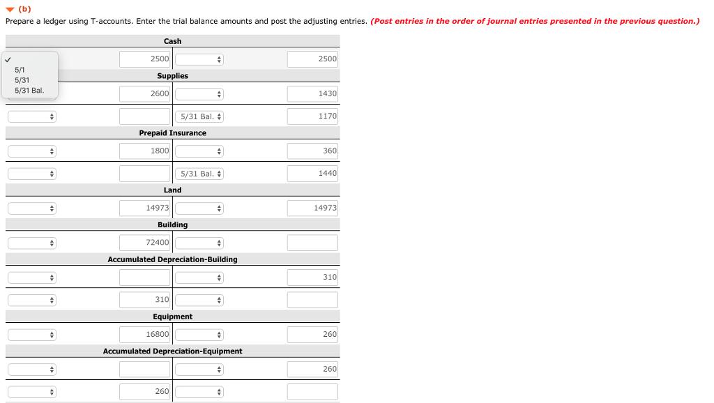 Prepare a ledger using T-accounts. Enter the trial balance amounts and post the adjusting entries. (Post entries in the order of journal entries presented in the previous question.) Cash 2500 2500 Supplies 5/31 5/31 Bal 2600 1430 5/31 Bal. 1170 Prepaid Insurance 1800 360 5/31 Bal. 1440 Land 14973 14973 Building 72400 Accumulated Depreciation-Building 310 310 Equipment 16800 260 Accumulated Depreciation-Equipment 260 260