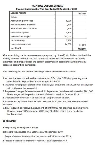 RAINBOW COLOR SERVICESIncome Statement For The Year Ended 30 September 2019Service results164,000Decline:Accounting firm