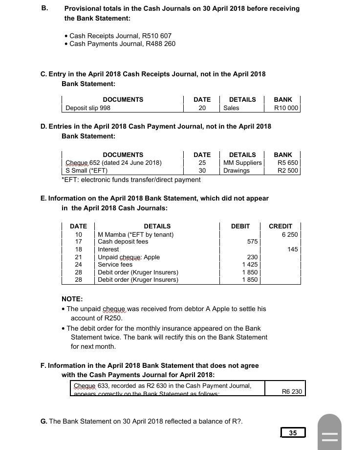 B.Provisional totals in the Cash Journals on 30 April 2018 before receivingthe Bank Statement:• Cash Receipts Journal, R51