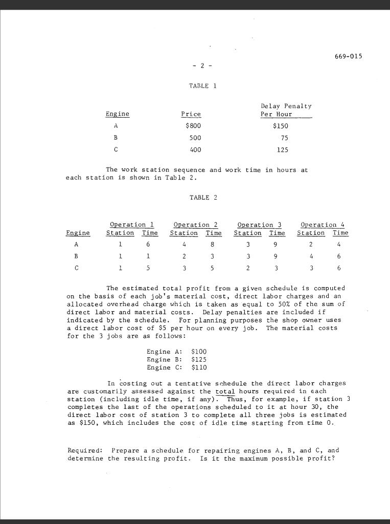669-015- 2 -TABLE 1EngineAPrice$800Delay PenaltyPer Hour$150B50075с400125The work station sequence and work t