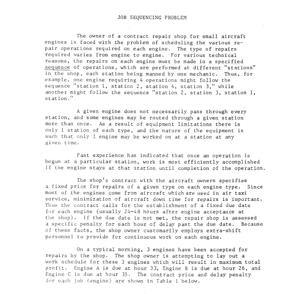 JOB SEQUENCING PROBLEMThe owner of a contract repair shop for small aircraftengines is faced with the problem of scheduling