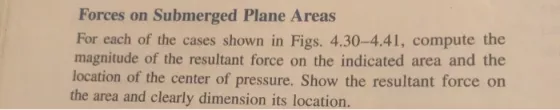 Forces on Submerged Plane Areas For each of the cases shown in Figs. 4.30-4.41, compute the magnitude of the resultant force