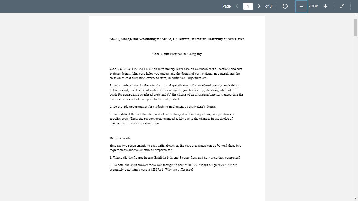 Page 1>of 8 ZOOM +A6221, Managerial Accounting for MBAs, Dr. Alireza Daneshfar, University of New Haven Case: Shun Electro