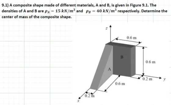9.1) A composite shape made of different materials, A and B, is given in Figure 9.1. The densities of A and B are ??-15 kN/m3 and Pa-40 kN/m3 respectively. Determine the center of mass of the composite shape. 0.6 m 0.6 m 0.2 m y 0.6m 0.2 n
