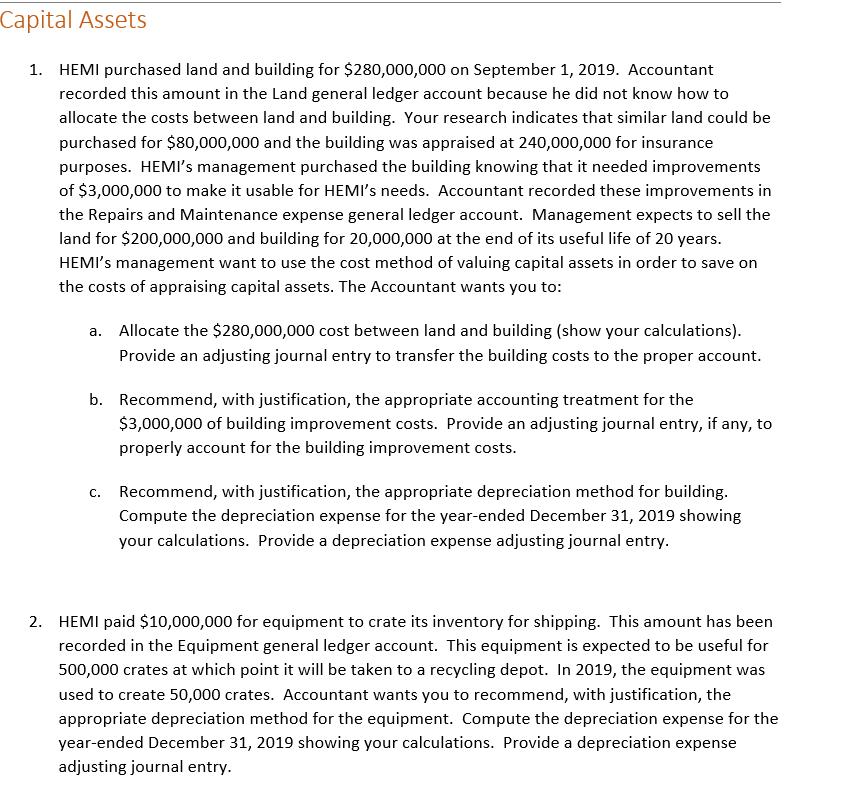 Capital Assets1. HEMI purchased land and building for $280,000,000 on September 1, 2019. Accountantrecorded this amount in