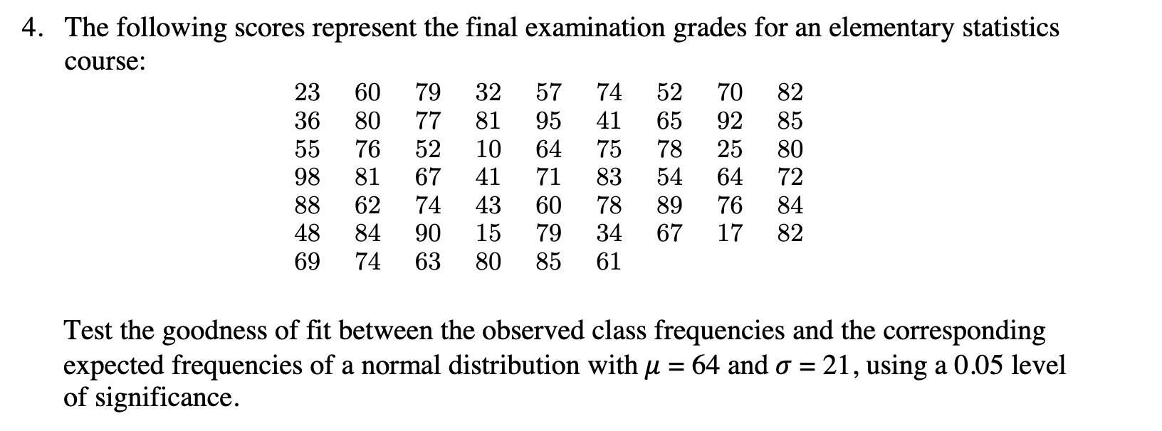 4. The following scores represent the final examination grades for an elementary statisticscourse:52822336553281744
