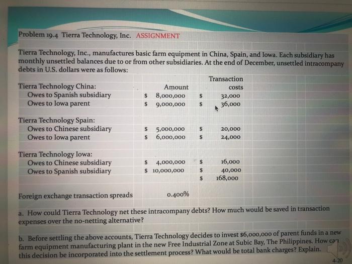 Problem 19.4 Tierra Technology, Inc. ASSIGNMENTTierra Technology, Inc., manufactures basic farm equipment in China, Spain, a