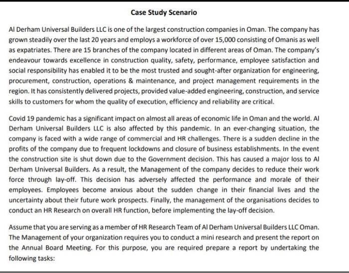 Case Study ScenarioAl Derham Universal Builders LLC is one of the largest construction companies in Oman. The company hasgr