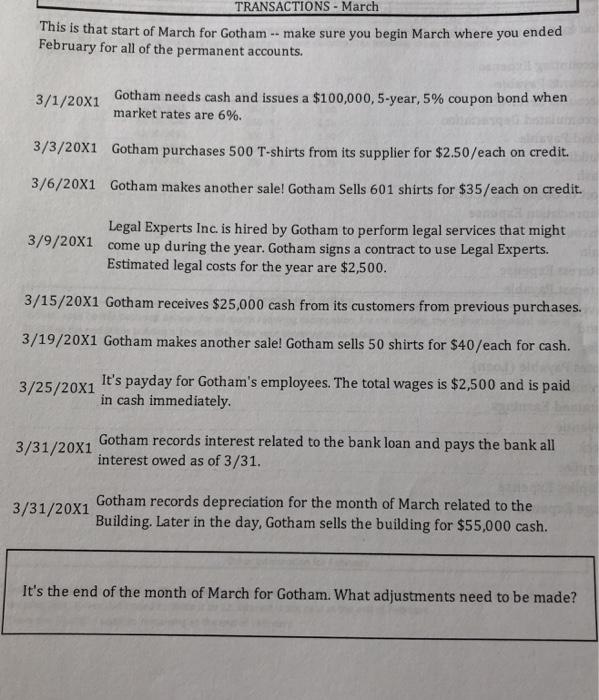 TRANSACTIONS - MarchThis is that start of March for Gotham -- make sure you begin March where you endedFebruary for all of