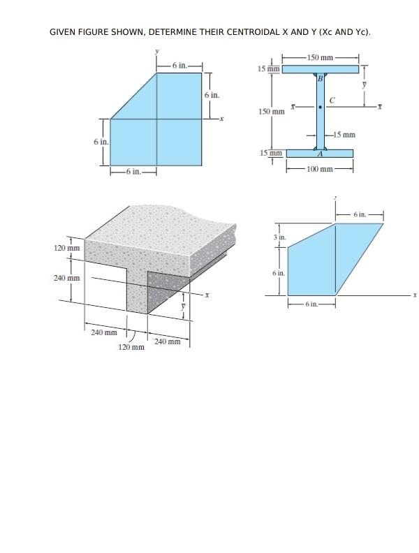 GIVEN FIGURE SHOWN, DETERMINE THEIR CENTROIDAL X AND Y (XC AND YC). 120 mm 240mm 6 in. 240 mm -6 in.- 120 mm