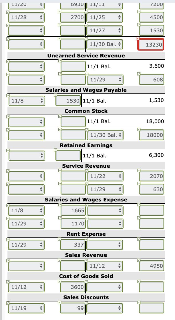 | 11/20-6930|| 11/11720011/282700 11/25A1450011/27153011/30 Bal. 913230Unearned Service Revenue3,600160811/1