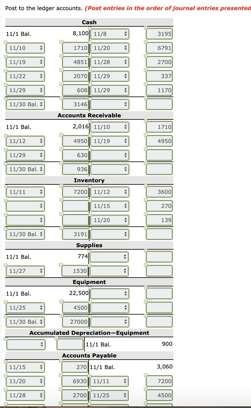 Post to the ledger accounts. (Post entries in the order of journal entries presentedOEFEECash11/1 Bal.8,100|| 11/831951