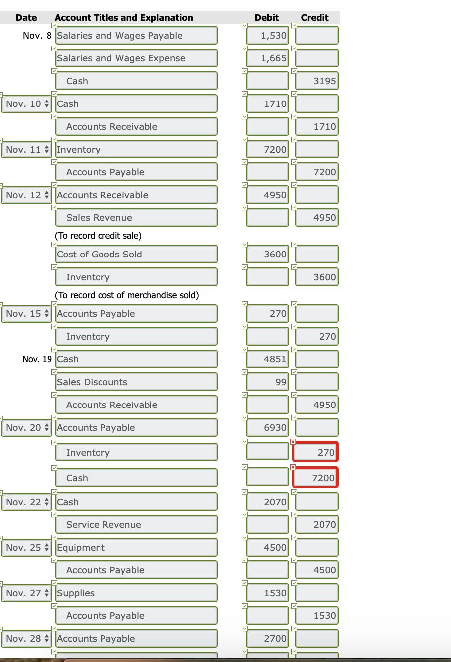 DebitCreditDate Account Titles and ExplanationNov. 8 Salaries and Wages Payable1,530Salaries and Wages ExpenseCash95N